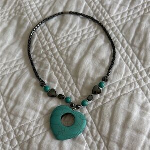 Boho Turquoise Heart Pendant Necklace | Hematite Beads | Statement